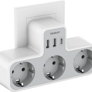 tessan ladron enchufes plano con usb c, 6 en 1 ladrón enchufes multiples usb, triple cargador multiple 3600w, regleta pared para oficina, cocina, compatible con móviles, blanco y gris