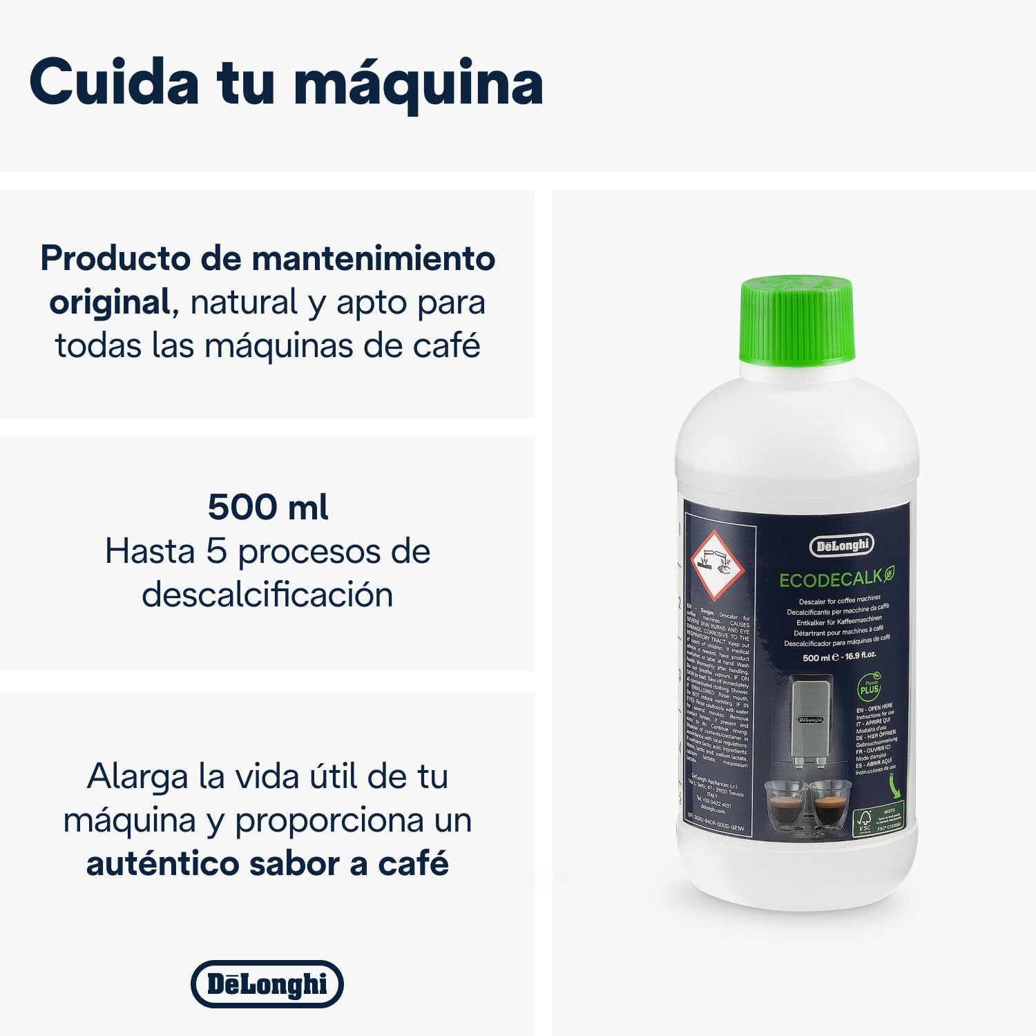 de'longhi ecodecalk descalcificador dlsc500, 5 dosis de descalcificación, accesorio de mantenimiento para máquina de café, ingredientes de origen vegetal, botella con 5 dosis, 500ml de'longhi ecodecalk descalcificador dlsc500, 5 dosis de descalcificación, accesorio de mantenimiento para máquina de café, ingredientes de origen vegetal, botella con 5 dosis, 500ml