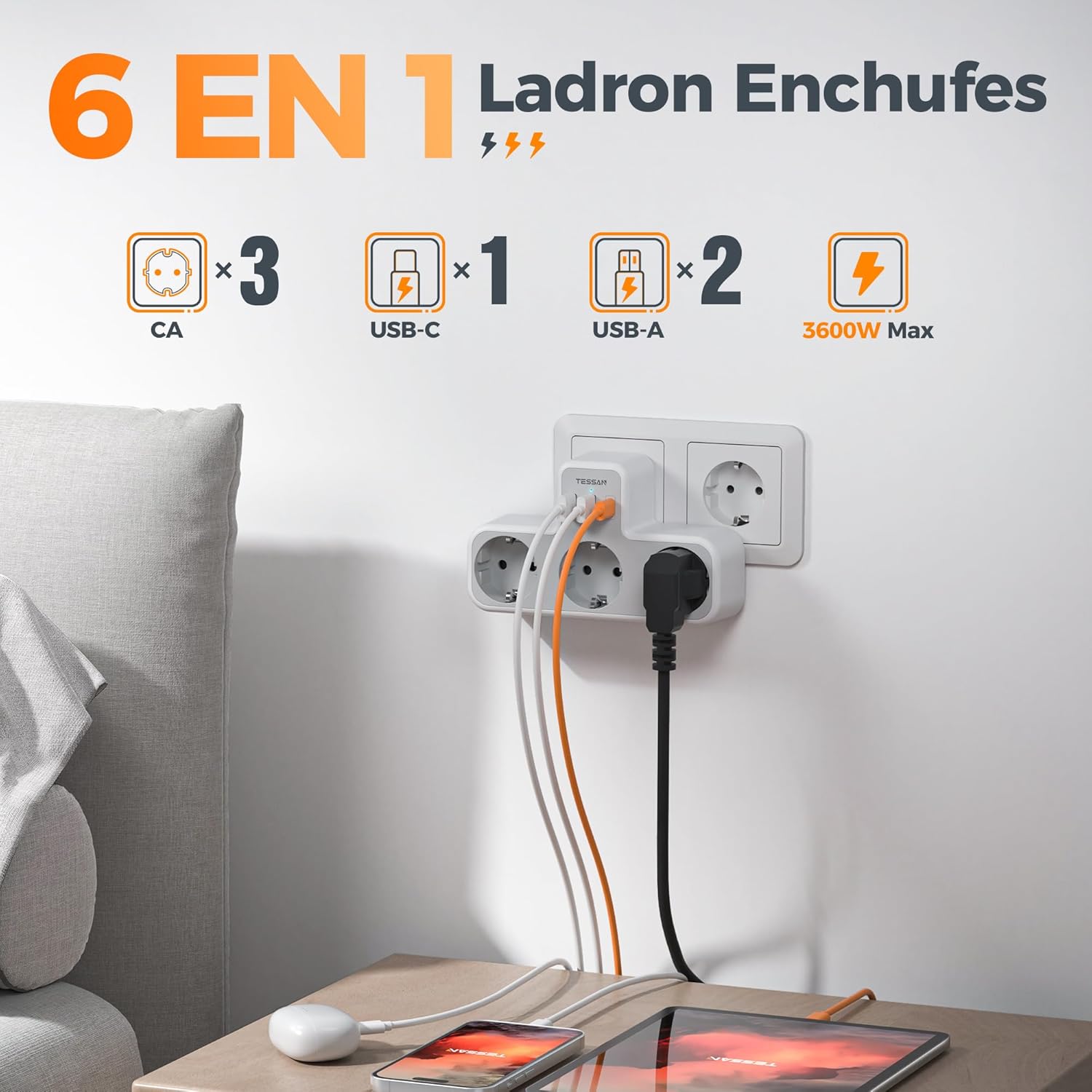 tessan ladron enchufes plano con usb c, 6 en 1 ladrón enchufes multiples usb, triple cargador multiple 3600w, regleta pared para oficina, cocina, compatible con móviles, blanco y gris tessan ladron enchufes plano con usb c, 6 en 1 ladrón enchufes multiples usb, triple cargador multiple 3600w, regleta pared para oficina, cocina, compatible con móviles, blanco y gris