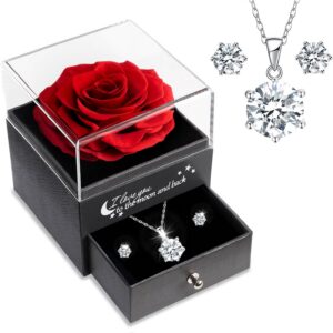 sunia regalos originales para mujer,rosa eterna con collar y pendientes de plata de ley 925,rosa preservada para mama abuela novia,regalo cumpleaños mujer, regalos navidad san valentin dia de la madre