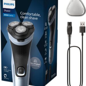 philips serie x3000 afeitadora eléctrica hombre, máquina de afeitar barba con cortapatillas, 27 cuchillas, cuida la piel, 45min de uso, en seco y húmedo, recargable, x3053/00, azul
