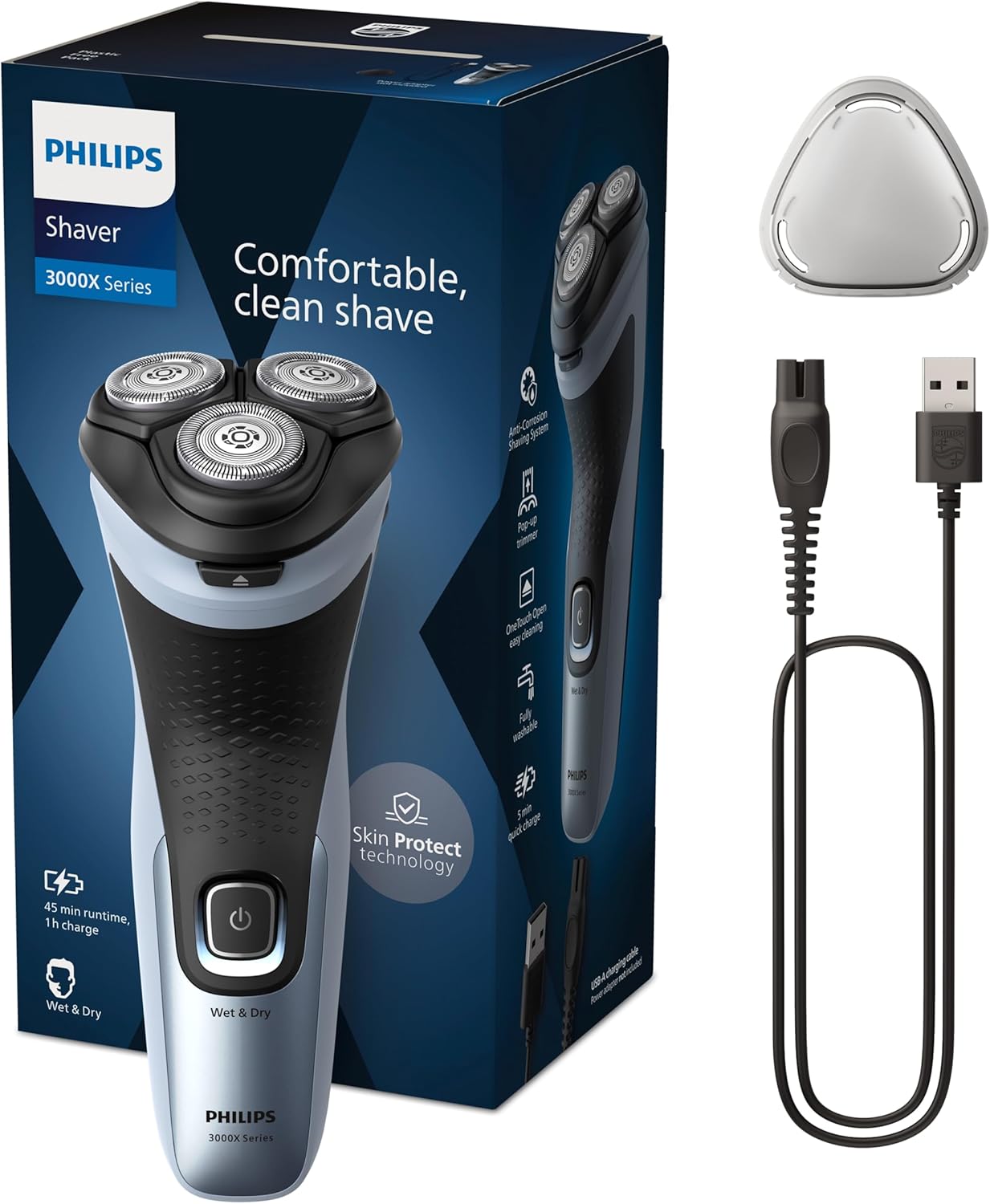philips serie x3000 afeitadora eléctrica hombre, máquina de afeitar barba con cortapatillas, 27 cuchillas, cuida la piel, 45min de uso, en seco y húmedo, recargable, x3053/00, azul philips serie x3000 afeitadora eléctrica hombre, máquina de afeitar barba con cortapatillas, 27 cuchillas, cuida la piel, 45min de uso, en seco y húmedo, recargable, x3053/00, azul