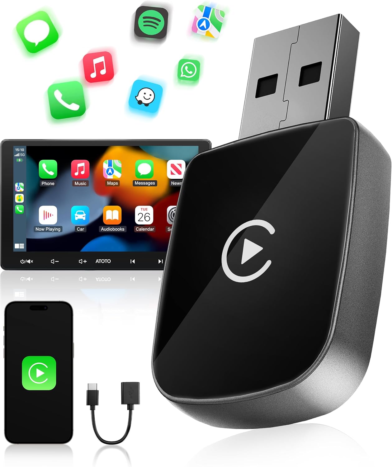 wityeye adaptador carplay inalámbrico, bluetooth v5.3 conexión estable, 5.8ghz wifi rápida, usb c/a, convierte coches desde 2016 con carplay con cable en inalámbrico, para apple iphone ios 10+ wityeye adaptador carplay inalámbrico, bluetooth v5.3 conexión estable, 5.8ghz wifi rápida, usb c/a, convierte coches desde 2016 con carplay con cable en inalámbrico, para apple iphone ios 10+
