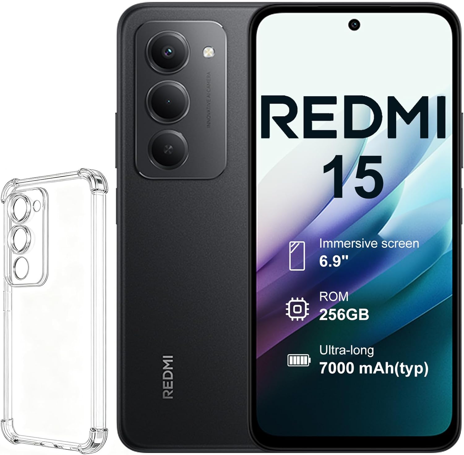 xiaomi redmi 15 4g 8+256gb smartphone – batería 7000mah | pantalla 6.9" fhd+ 120hz | snapdragon 685 | cámara dual 50mp | carga rápida 33w | diseño quad curve (negro, con funda) xiaomi redmi 15 4g 8+256gb smartphone – batería 7000mah | pantalla 6.9" fhd+ 120hz | snapdragon 685 | cámara dual 50mp | carga rápida 33w | diseño quad curve (negro, con funda)