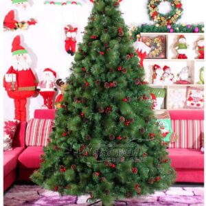 Árbol de navidad artificial de pino de 10 pies sin iluminación, árbol de navidad de pvc verde con bisagras de primera calidad con piñas y frutos rojos, soporte de metal, fácil montaje (regalos de