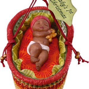 hallmark adorno de recuerdo con fecha del año 2018, la primera navidad del bebé afroamericano, porcelana, cesta
