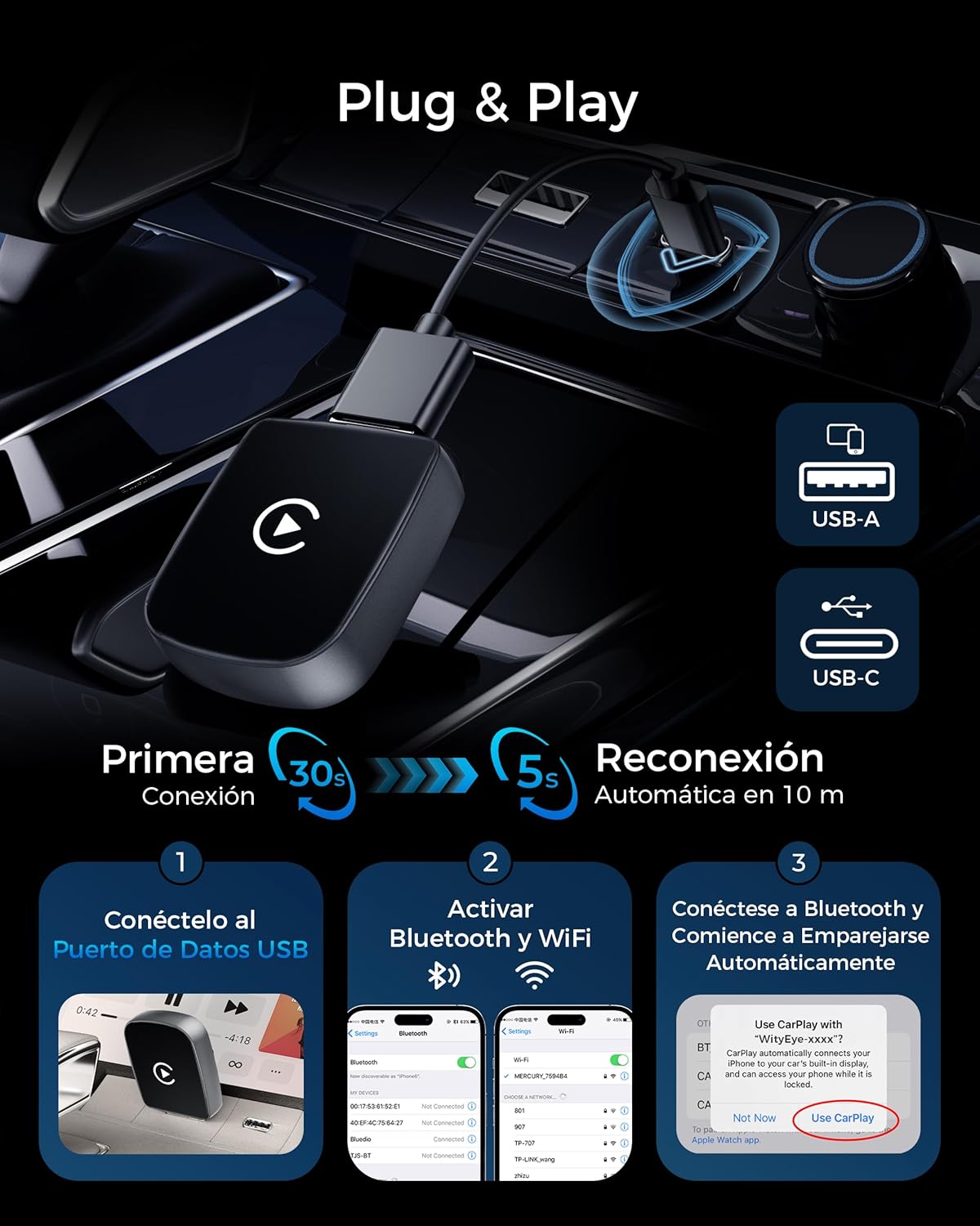 wityeye adaptador carplay inalámbrico, bluetooth v5.3 conexión estable, 5.8ghz wifi rápida, usb c/a, convierte coches desde 2016 con carplay con cable en inalámbrico, para apple iphone ios 10+ wityeye adaptador carplay inalámbrico, bluetooth v5.3 conexión estable, 5.8ghz wifi rápida, usb c/a, convierte coches desde 2016 con carplay con cable en inalámbrico, para apple iphone ios 10+