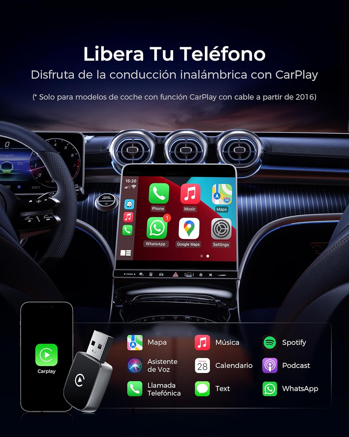 wityeye adaptador carplay inalámbrico, bluetooth v5.3 conexión estable, 5.8ghz wifi rápida, usb c/a, convierte coches desde 2016 con carplay con cable en inalámbrico, para apple iphone ios 10+ wityeye adaptador carplay inalámbrico, bluetooth v5.3 conexión estable, 5.8ghz wifi rápida, usb c/a, convierte coches desde 2016 con carplay con cable en inalámbrico, para apple iphone ios 10+