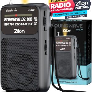 zilon radio a pilas y bateria pequeña portatil transistor usb c kit emergencia analogica fm am entrada auriculares con linterna muy facil uso simple gente mayor numeros grandes para facil vision