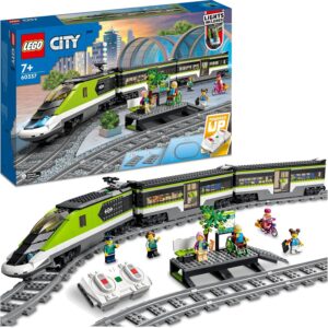 lego city tren de pasajeros de alta velocidad tren de juguete teledirigido luces, 2 vagones, 24 tramos de vía y 6 minifiguras regalo de cumpleaños para niños y niñas de 7+ años 60337