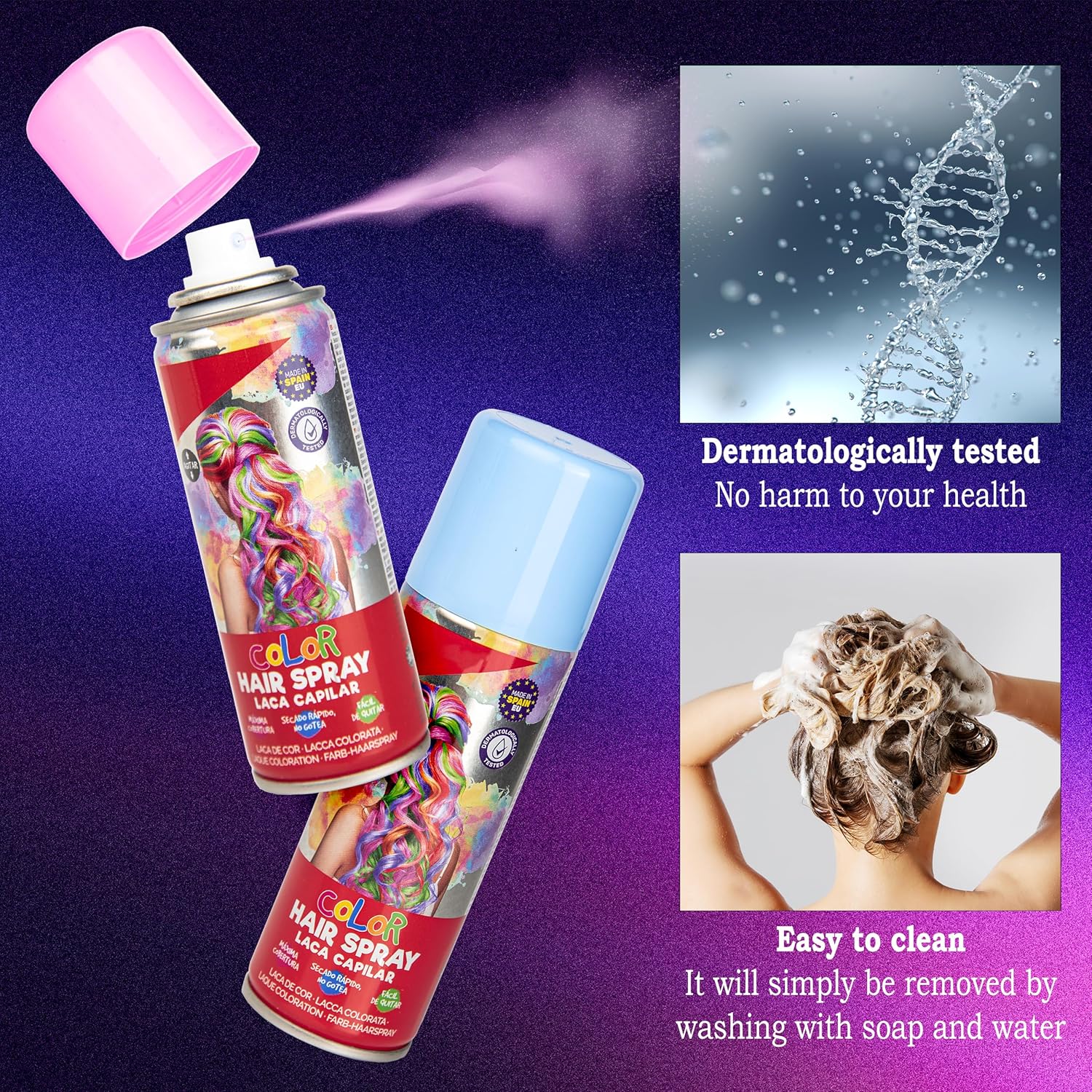 laca de pelo color morado 125ml spray colores para cabello rápida coloración, lavable laca de pelo color morado 125ml spray colores para cabello rápida coloración, lavable