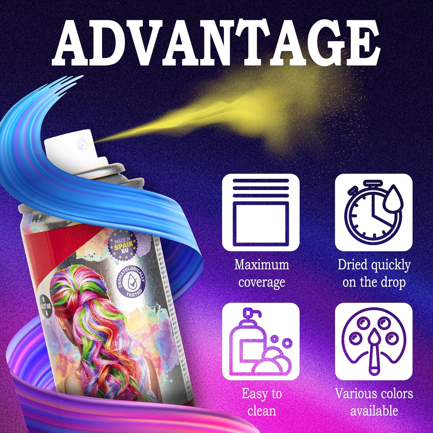 laca de pelo color morado 125ml spray colores para cabello rápida coloración, lavable laca de pelo color morado 125ml spray colores para cabello rápida coloración, lavable